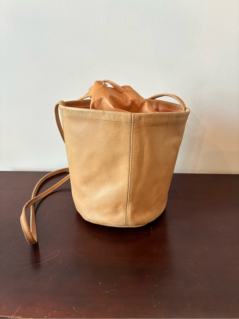 ABLE DESTA Genuine Leather Tan Bucket Shoulder Bag